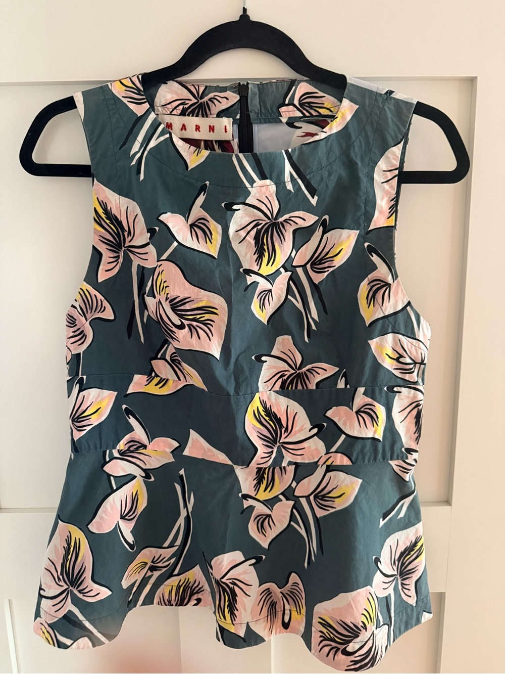 Marni Teal Floral Sleeveless Blouse with Pink and Yellow Accents